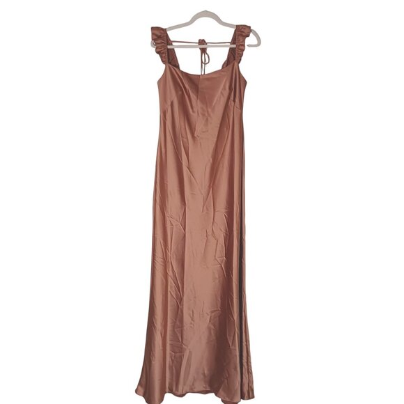NEW Social Bridesmaids Ruffle Trimmed Open-Back Maxi Slip Dress Toffee‎ Size LB - Picture 3 of 14